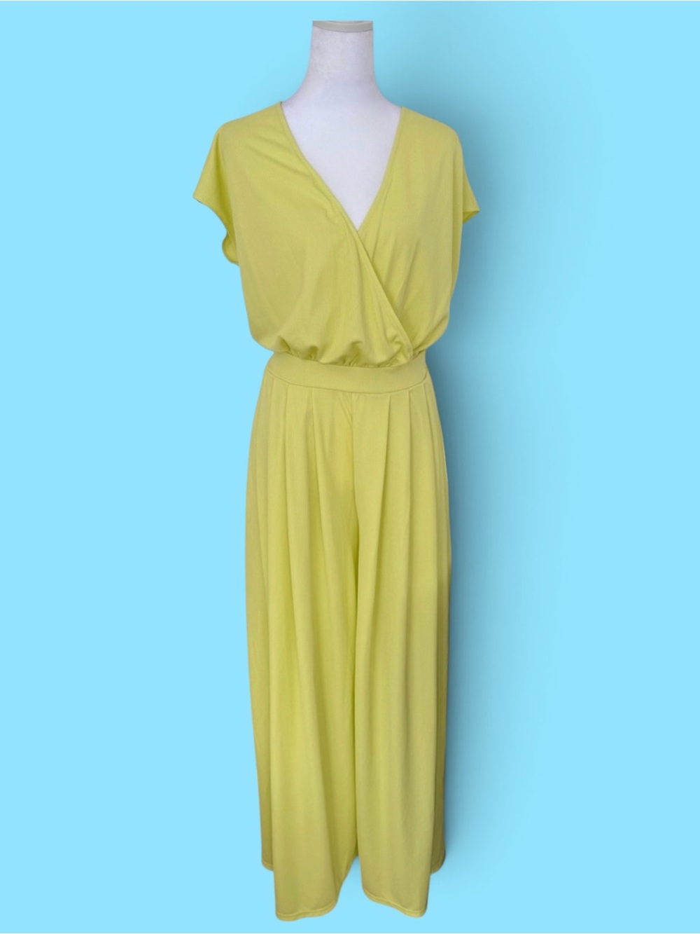 HALARA Lemon-Chartreuse Wrap-Front Wide-Leg Jumpsuit
